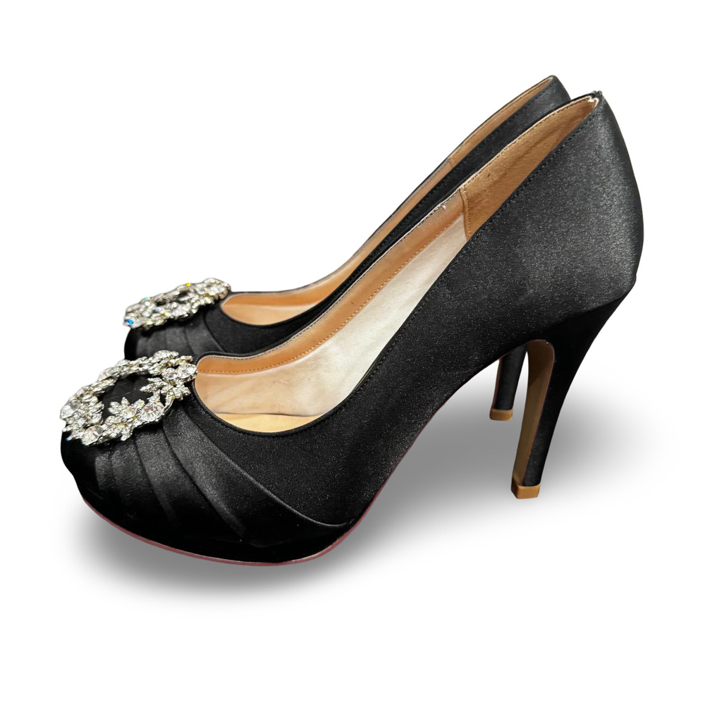 Eriunor Black Satin Rhinestone Platform Pumps High Heels Women's Size 6 - Picture 2 of 8